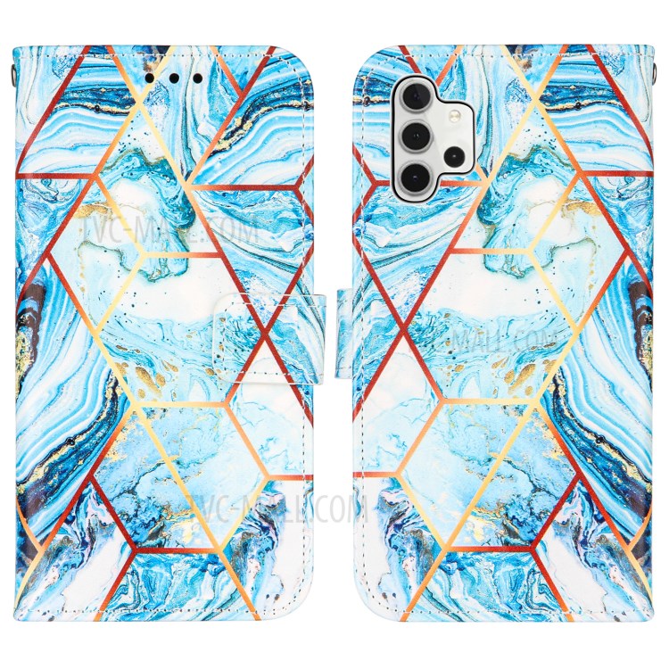 Wallet Stand TPU + PU Leather Splicing Marble Pattern Case with Lanyard for Samsung Galaxy A32 - Sky Blue-3