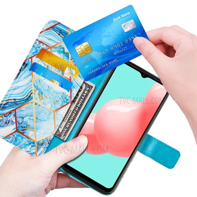 Wallet Stand TPU + PU Leather Splicing Marble Pattern Case with Lanyard for Samsung Galaxy A32 - Sky Blue-6