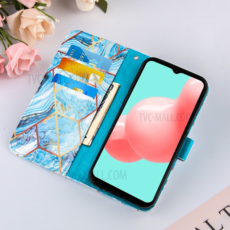 Wallet Stand TPU + PU Leather Splicing Marble Pattern Case with Lanyard for Samsung Galaxy A32 - Sky Blue-8
