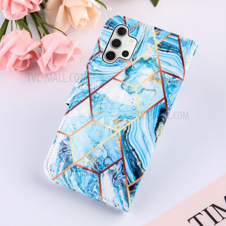Wallet Stand TPU + PU Leather Splicing Marble Pattern Case with Lanyard for Samsung Galaxy A32 - Sky Blue-9