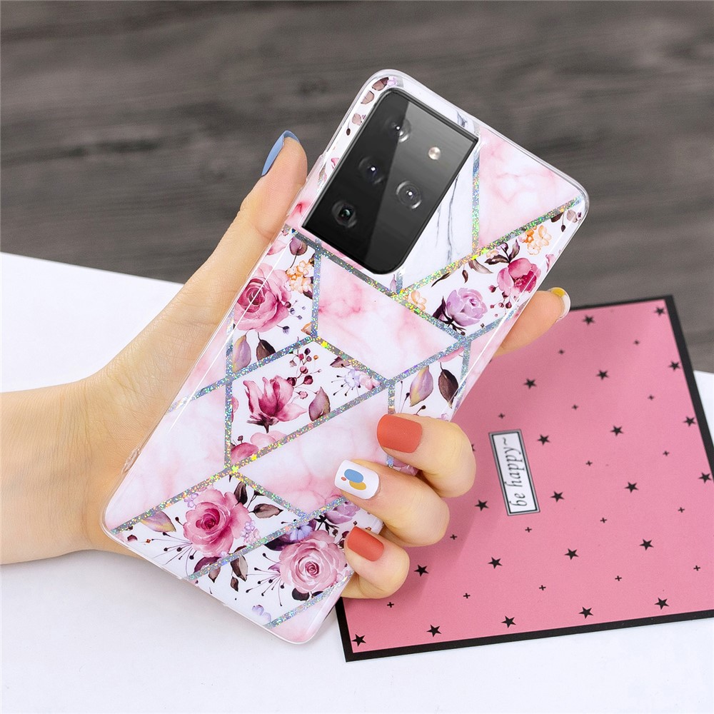 IMD Design Case for Samsung Galaxy S21 Ultra Marble Pattern Printing TPU Cover - Rose-4