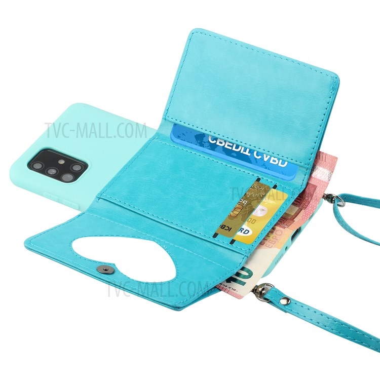 Leather Wallet Kickstand Phone Cover Case with Shoulder Strap for Samsung Galaxy A51 SM-A515 - Baby Blue-2
