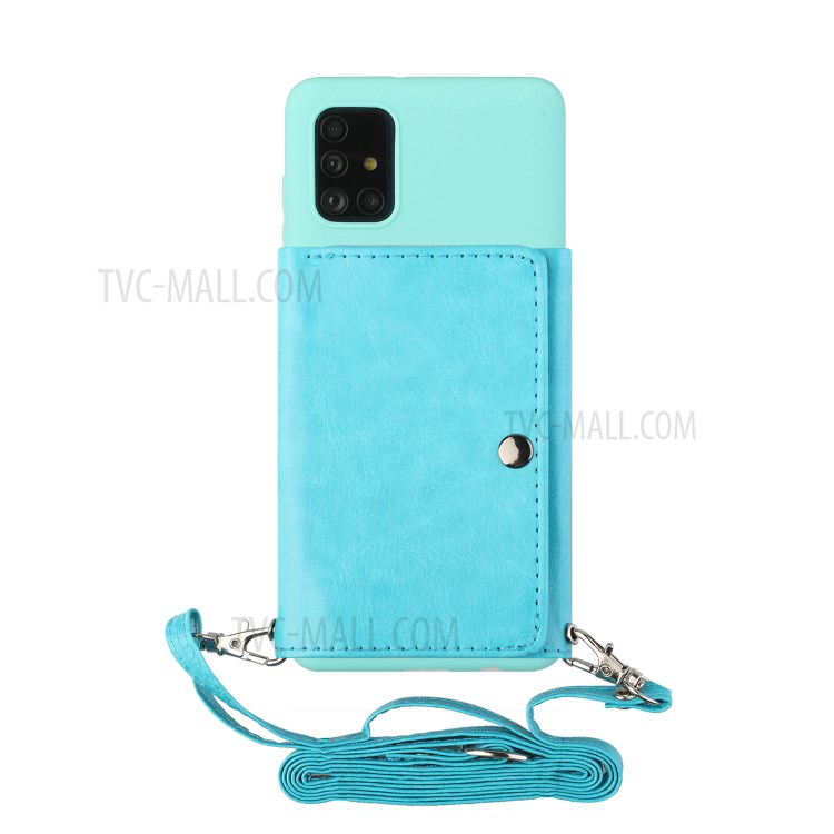 Leather Wallet Kickstand Phone Cover Case with Shoulder Strap for Samsung Galaxy A51 SM-A515 - Baby Blue-3
