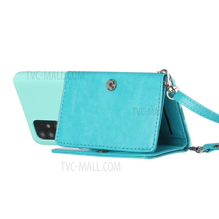 Leather Wallet Kickstand Phone Cover Case with Shoulder Strap for Samsung Galaxy A51 SM-A515 - Baby Blue-4