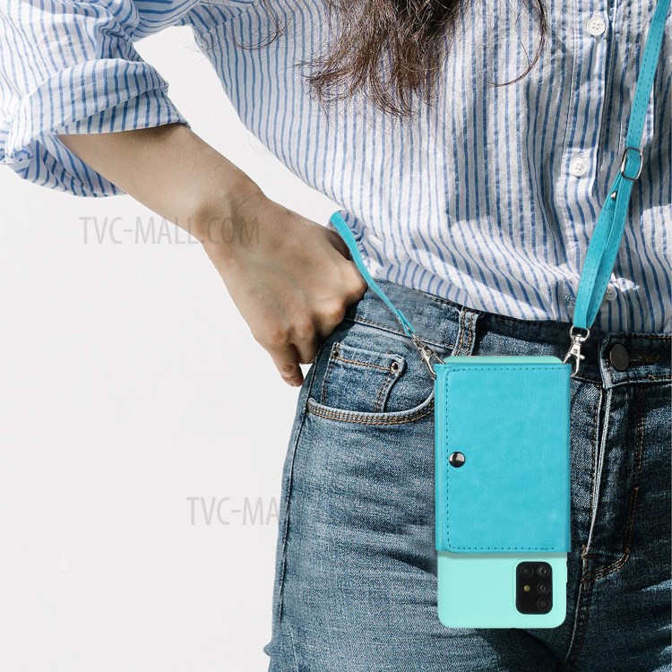 Leather Wallet Kickstand Phone Cover Case with Shoulder Strap for Samsung Galaxy A51 SM-A515 - Baby Blue-5