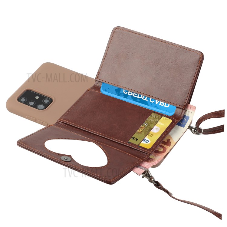 Leather Wallet Kickstand Phone Cover Case with Shoulder Strap for Samsung Galaxy A51 SM-A515 - Coffee-2