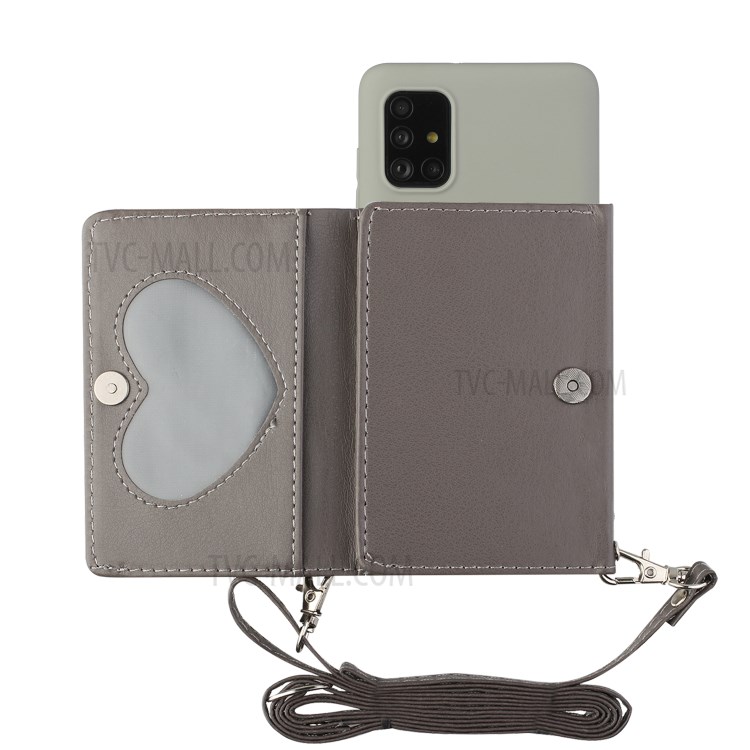 Leather Wallet Kickstand Phone Cover Case with Shoulder Strap for Samsung Galaxy A71 SM-A715 - Grey-1
