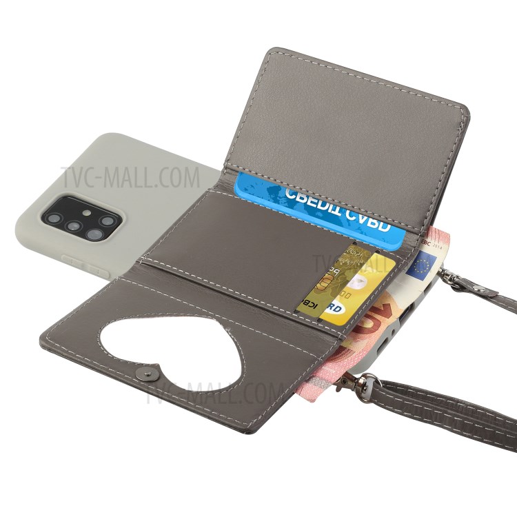 Leather Wallet Kickstand Phone Cover Case with Shoulder Strap for Samsung Galaxy A71 SM-A715 - Grey-2