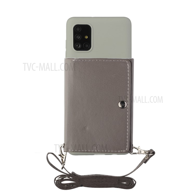 Leather Wallet Kickstand Phone Cover Case with Shoulder Strap for Samsung Galaxy A71 SM-A715 - Grey-3