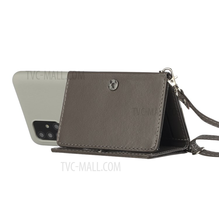 Leather Wallet Kickstand Phone Cover Case with Shoulder Strap for Samsung Galaxy A71 SM-A715 - Grey-4