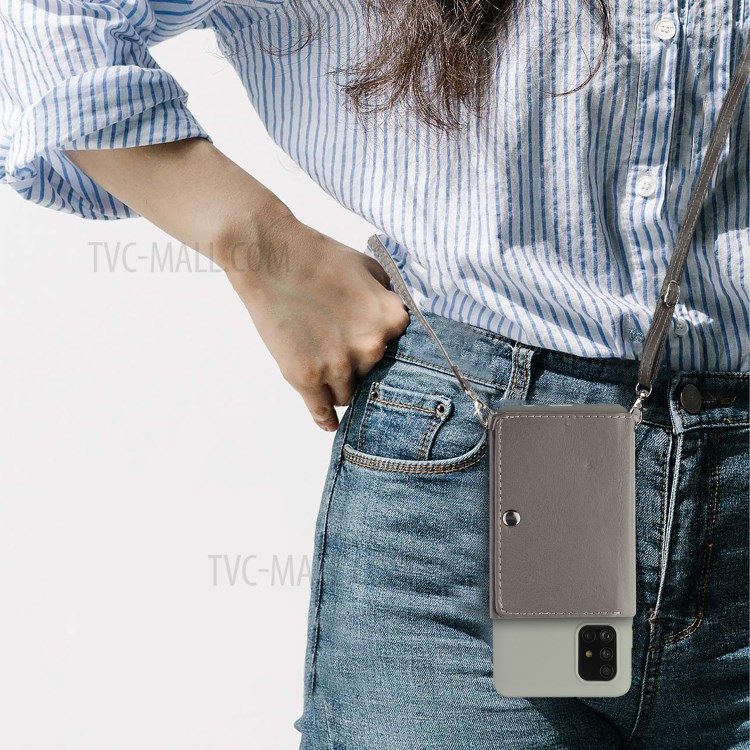 Leather Wallet Kickstand Phone Cover Case with Shoulder Strap for Samsung Galaxy A71 SM-A715 - Grey-5
