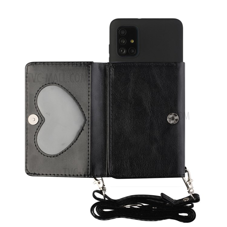 Leather Wallet Kickstand Phone Cover Case with Shoulder Strap for Samsung Galaxy A41 (Global Version) - Black-1