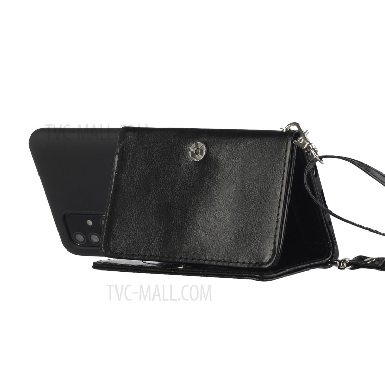 Leather Wallet Kickstand Phone Cover Case with Shoulder Strap for Samsung Galaxy A41 (Global Version) - Black-3