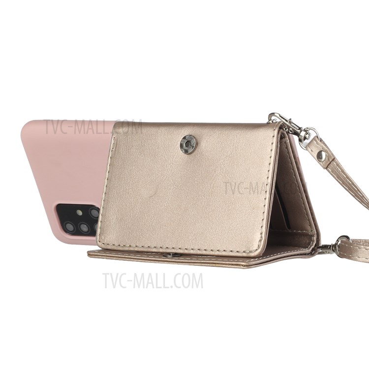 Leather Wallet Kickstand Phone Cover Case with Shoulder Strap for Samsung Galaxy A41 (Global Version) - Pink-3
