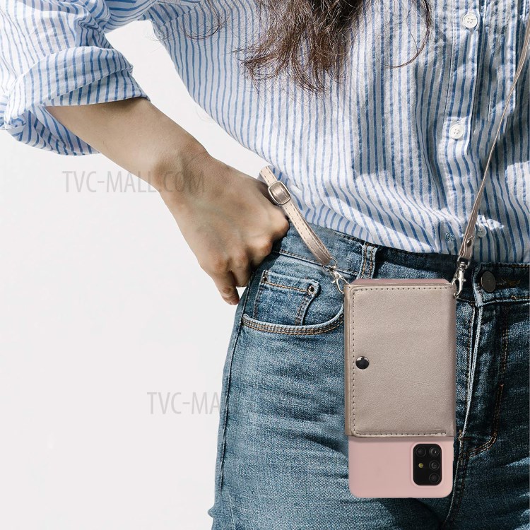 Leather Wallet Kickstand Phone Cover Case with Shoulder Strap for Samsung Galaxy A41 (Global Version) - Pink-4