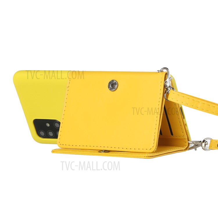 Leather Wallet Kickstand Phone Cover Case with Shoulder Strap for Samsung Galaxy A41 (Global Version) - Yellow-3