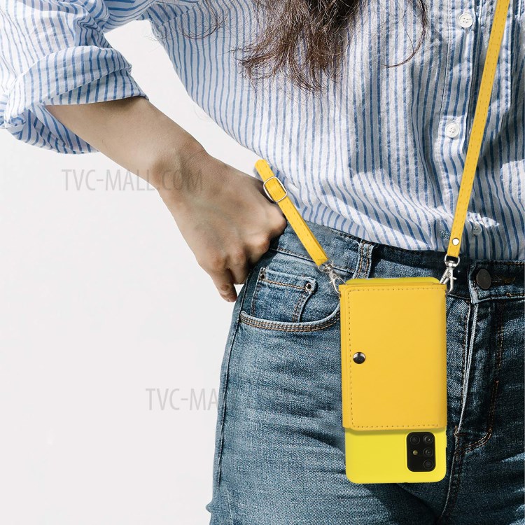 Leather Wallet Kickstand Phone Cover Case with Shoulder Strap for Samsung Galaxy A41 (Global Version) - Yellow-4