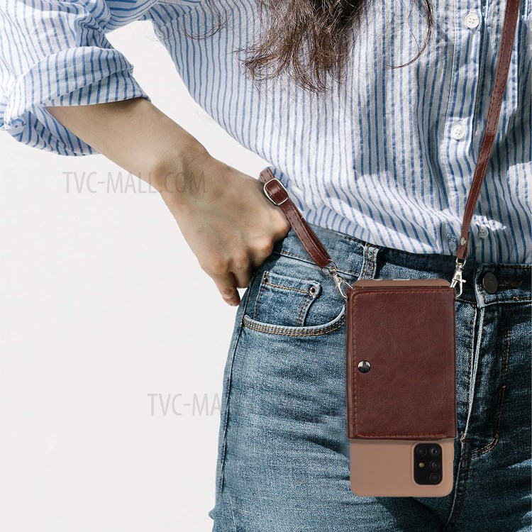 Leather Wallet Kickstand Phone Cover Case with Shoulder Strap for Samsung Galaxy A41 (Global Version) - Coffee-4
