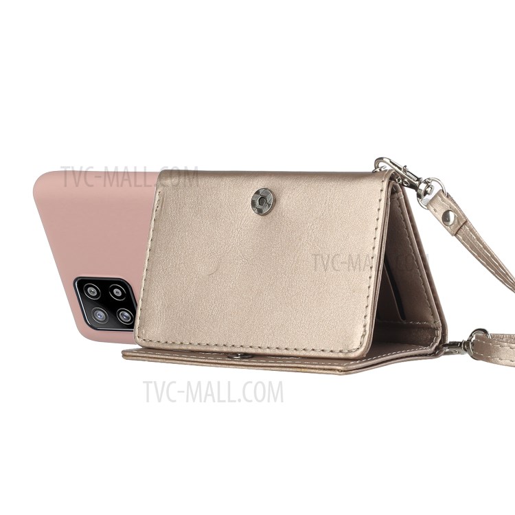 Leather Wallet Kickstand Phone Cover Case with Shoulder Strap for Samsung Galaxy A42 5G - Pink-3