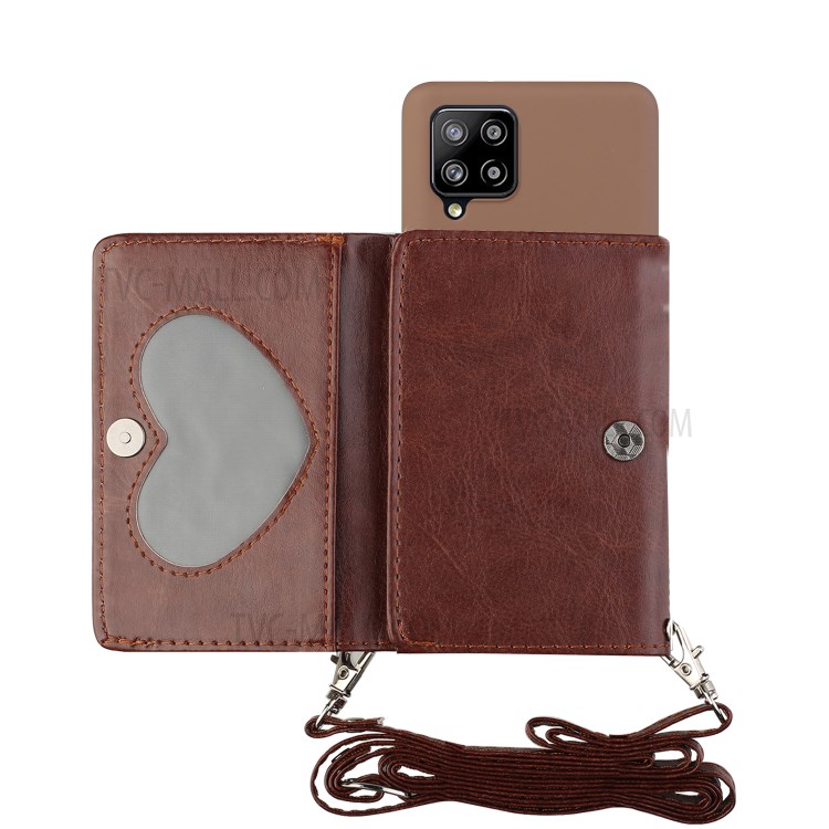 Leather Wallet Kickstand Phone Cover Case with Shoulder Strap for Samsung Galaxy A42 5G - Coffee-1