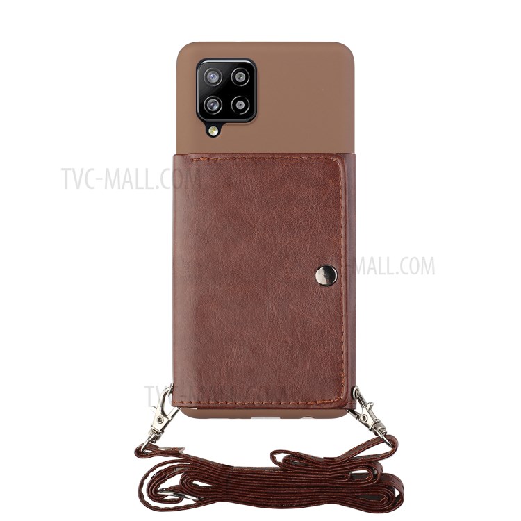 Leather Wallet Kickstand Phone Cover Case with Shoulder Strap for Samsung Galaxy A42 5G - Coffee-2