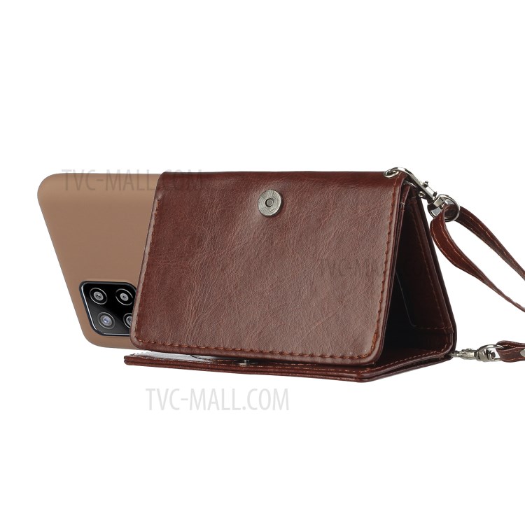 Leather Wallet Kickstand Phone Cover Case with Shoulder Strap for Samsung Galaxy A42 5G - Coffee-3