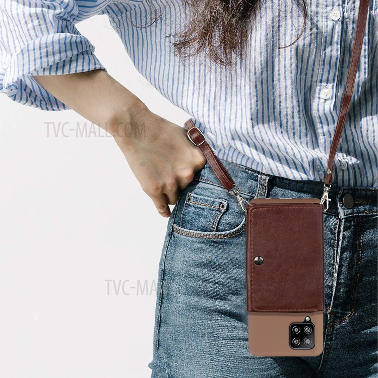 Leather Wallet Kickstand Phone Cover Case with Shoulder Strap for Samsung Galaxy A42 5G - Coffee-4