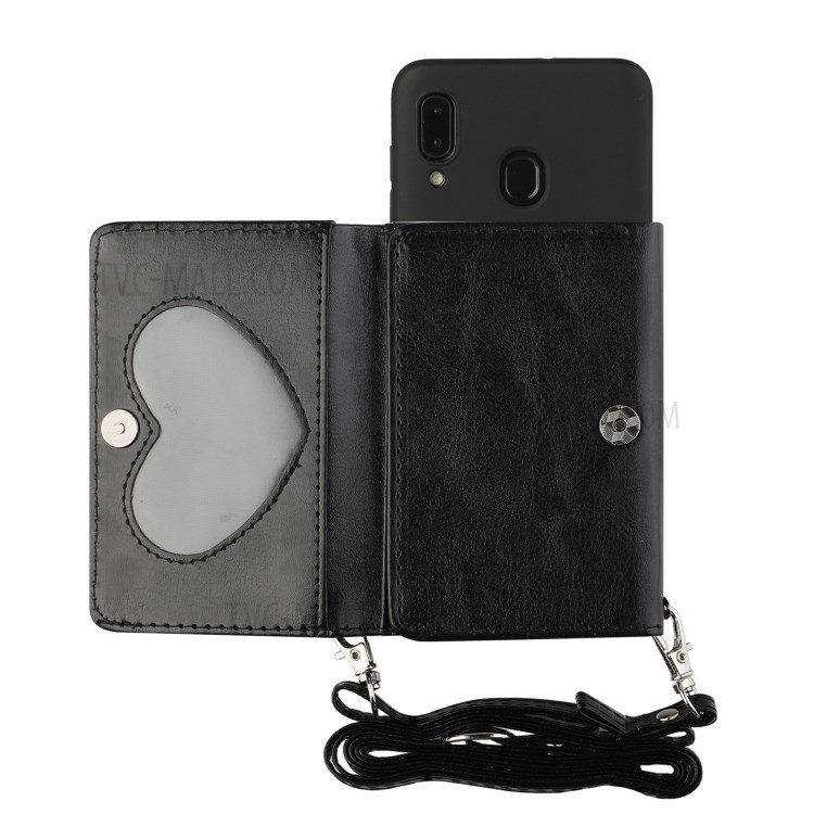 Leather Wallet Kickstand Phone Cover Case with Shoulder Strap for Samsung Galaxy A20e - Black-1