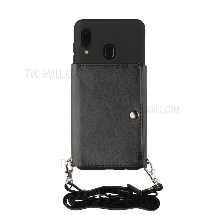 Leather Wallet Kickstand Phone Cover Case with Shoulder Strap for Samsung Galaxy A20e - Black-2