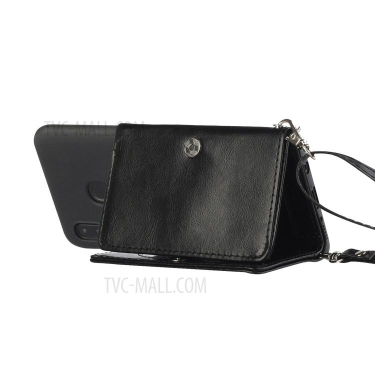 Leather Wallet Kickstand Phone Cover Case with Shoulder Strap for Samsung Galaxy A20e - Black-3
