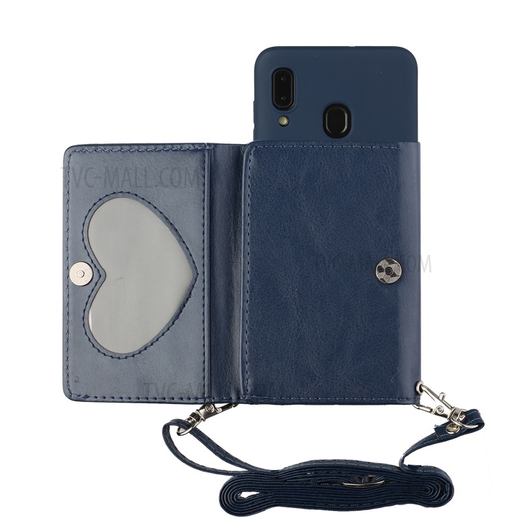 Leather Wallet Kickstand Phone Cover Case with Shoulder Strap for Samsung Galaxy A20e - Dark Blue-1