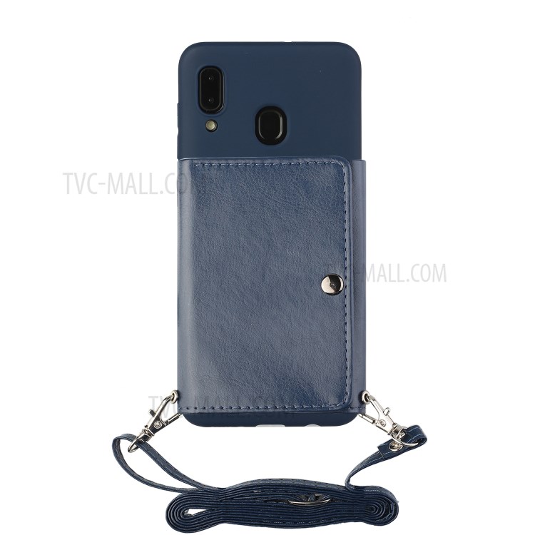 Leather Wallet Kickstand Phone Cover Case with Shoulder Strap for Samsung Galaxy A20e - Dark Blue-2
