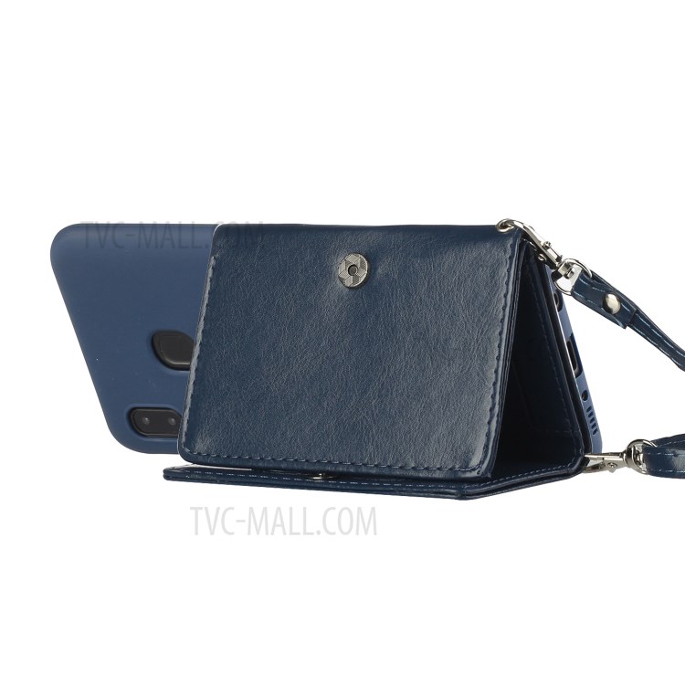 Leather Wallet Kickstand Phone Cover Case with Shoulder Strap for Samsung Galaxy A20e - Dark Blue-3