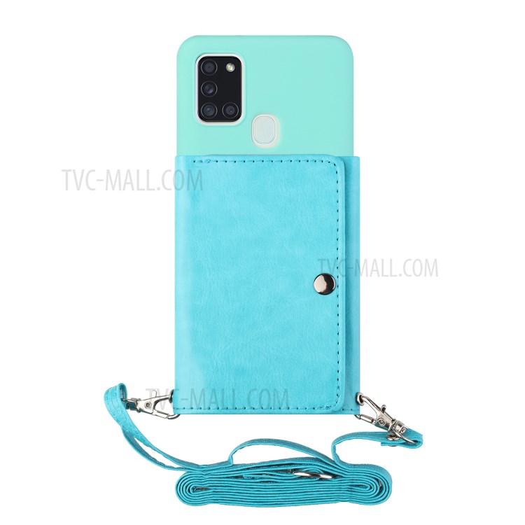 Leather Wallet Kickstand Phone Cover Case with Shoulder Strap for Samsung Galaxy A21s - Baby Blue-1