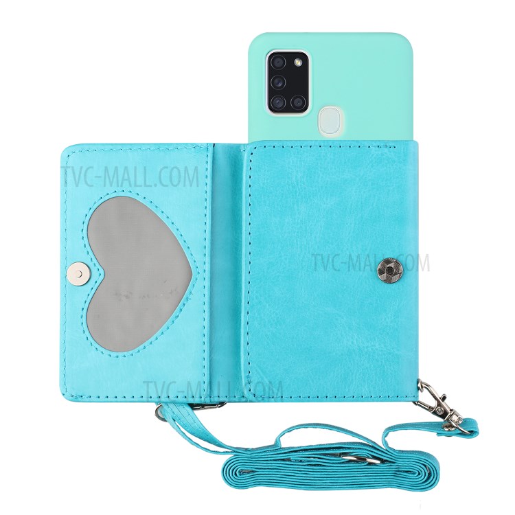 Leather Wallet Kickstand Phone Cover Case with Shoulder Strap for Samsung Galaxy A21s - Baby Blue-5