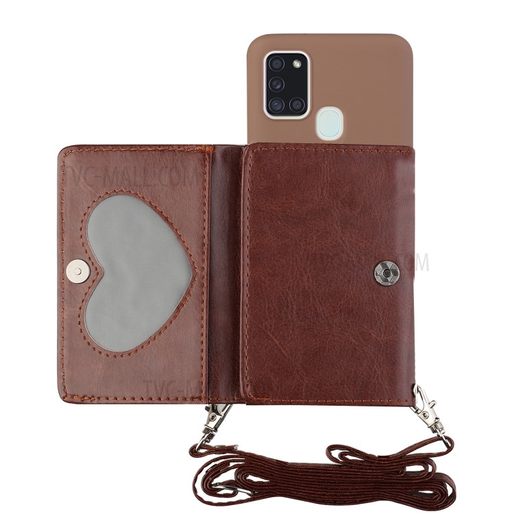 Leather Wallet Kickstand Phone Cover Case with Shoulder Strap for Samsung Galaxy A21s - Coffee-1
