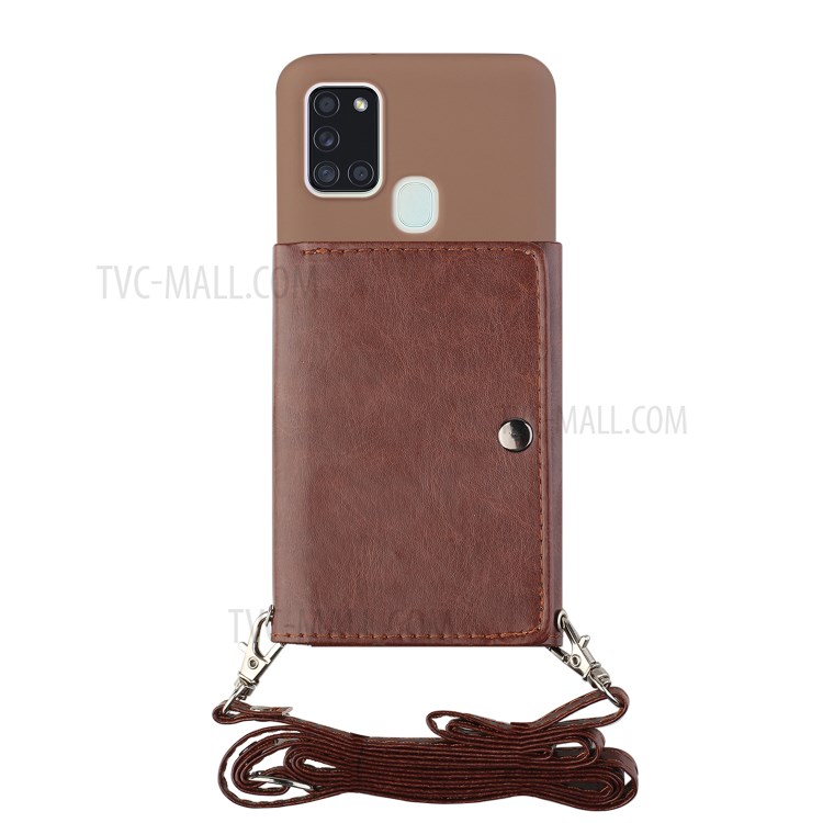 Leather Wallet Kickstand Phone Cover Case with Shoulder Strap for Samsung Galaxy A21s - Coffee-2