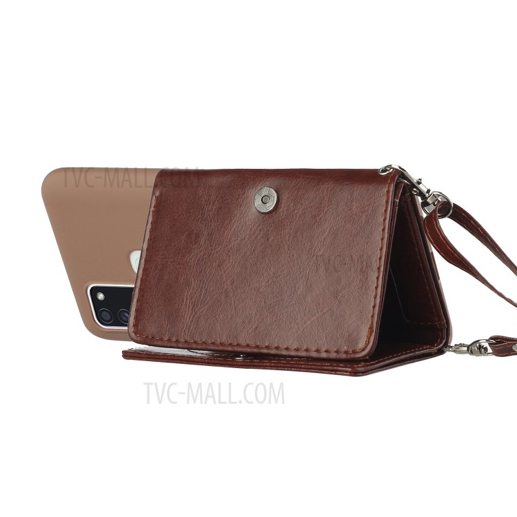 Leather Wallet Kickstand Phone Cover Case with Shoulder Strap for Samsung Galaxy A21s - Coffee-3