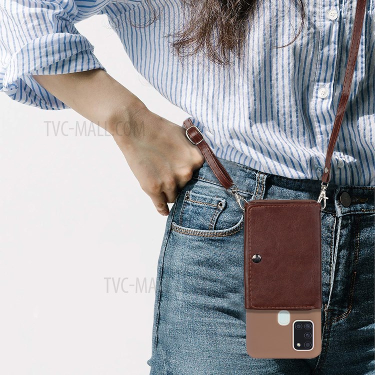 Leather Wallet Kickstand Phone Cover Case with Shoulder Strap for Samsung Galaxy A21s - Coffee-4