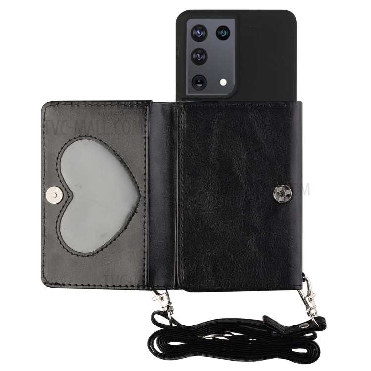 Leather Wallet Kickstand Phone Cover Case with Shoulder Strap for Samsung Galaxy S21 Ultra 5G - Black-1