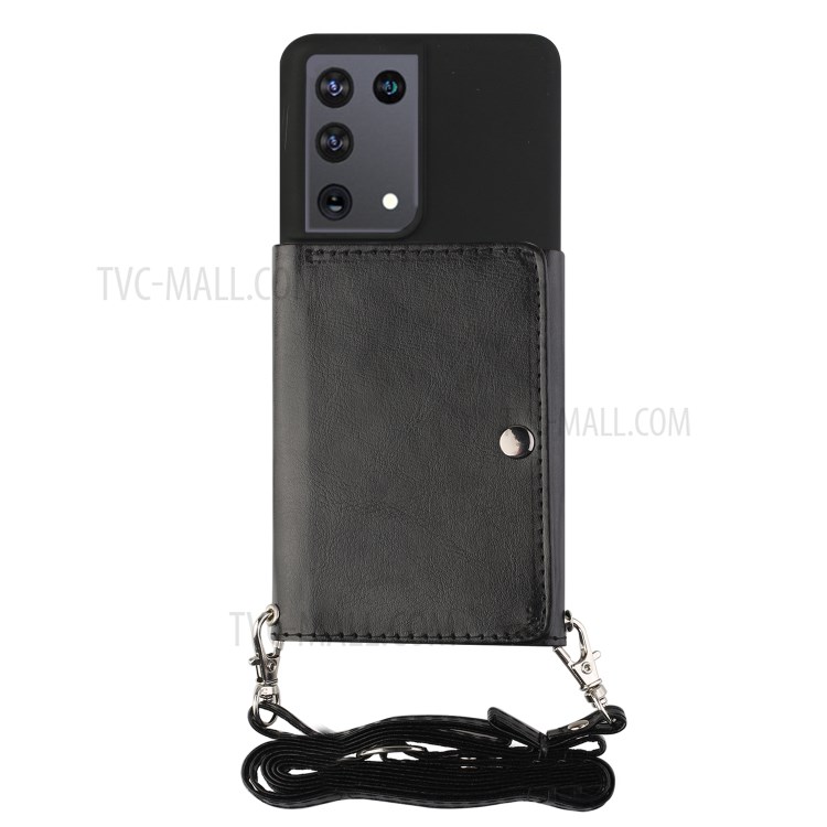 Leather Wallet Kickstand Phone Cover Case with Shoulder Strap for Samsung Galaxy S21 Ultra 5G - Black-2
