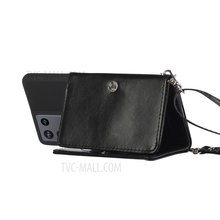 Leather Wallet Kickstand Phone Cover Case with Shoulder Strap for Samsung Galaxy S21 Ultra 5G - Black-3