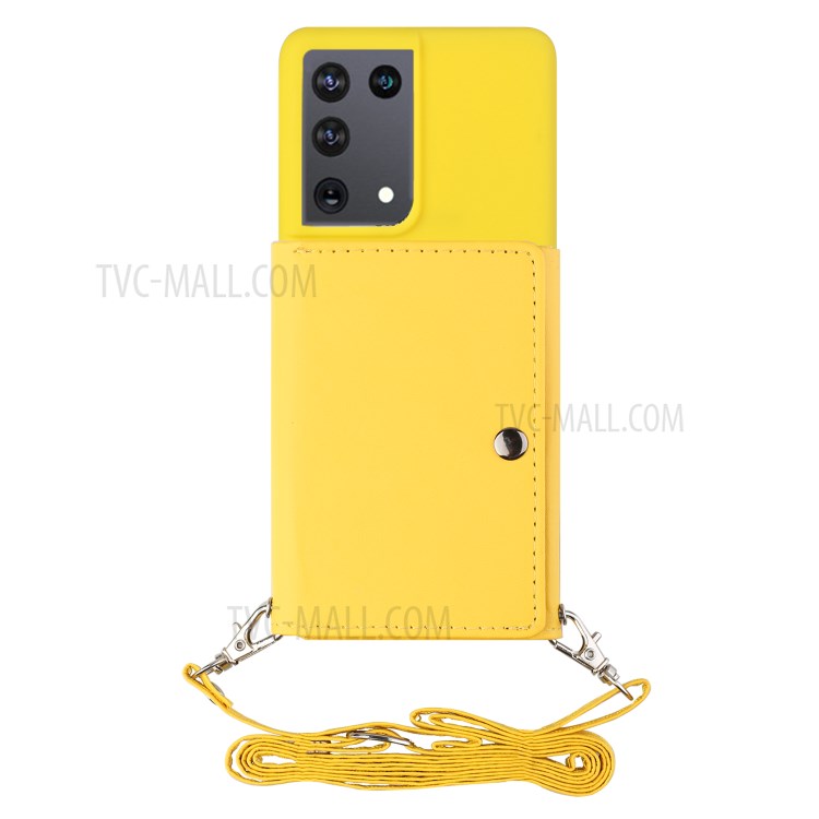 Leather Wallet Kickstand Phone Cover Case with Shoulder Strap for Samsung Galaxy S21 Ultra 5G - Yellow-2