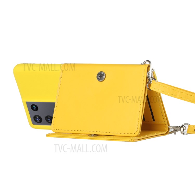 Leather Wallet Kickstand Phone Cover Case with Shoulder Strap for Samsung Galaxy S21 Ultra 5G - Yellow-3