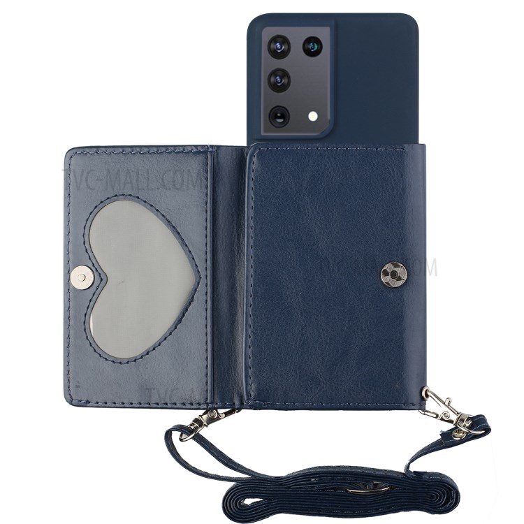 Leather Wallet Kickstand Phone Cover Case with Shoulder Strap for Samsung Galaxy S21 Ultra 5G - Dark Blue-1