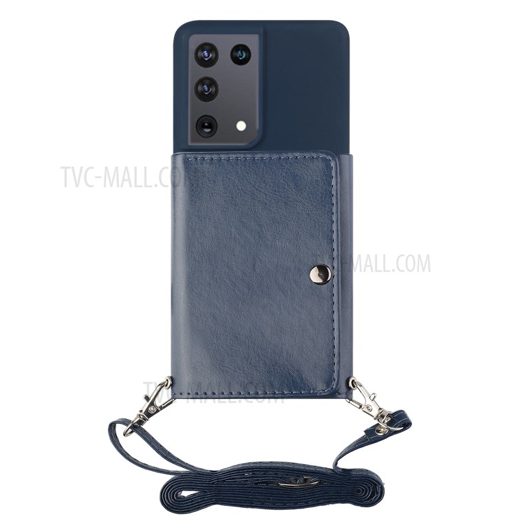 Leather Wallet Kickstand Phone Cover Case with Shoulder Strap for Samsung Galaxy S21 Ultra 5G - Dark Blue-2