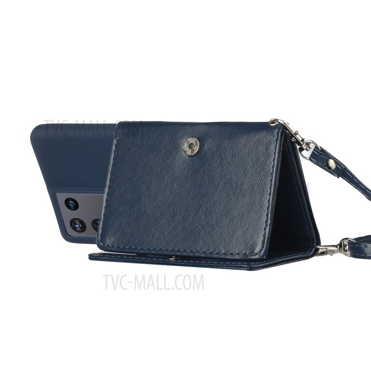 Leather Wallet Kickstand Phone Cover Case with Shoulder Strap for Samsung Galaxy S21 Ultra 5G - Dark Blue-3