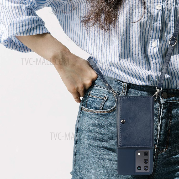 Leather Wallet Kickstand Phone Cover Case with Shoulder Strap for Samsung Galaxy S21 Ultra 5G - Dark Blue-4