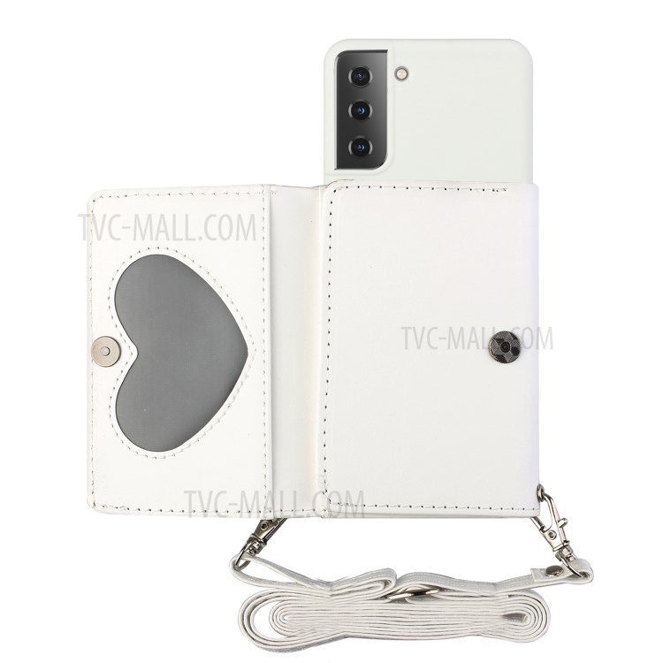Leather Wallet Kickstand Phone Cover Case with Shoulder Strap for Samsung Galaxy S21+ 5G - White-1