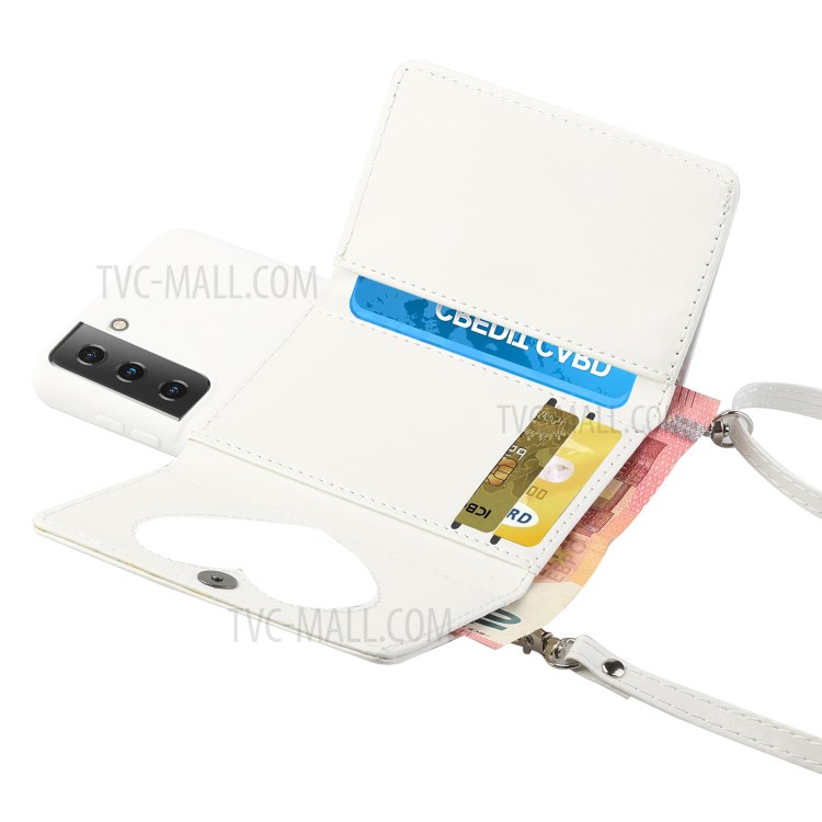 Leather Wallet Kickstand Phone Cover Case with Shoulder Strap for Samsung Galaxy S21+ 5G - White-2